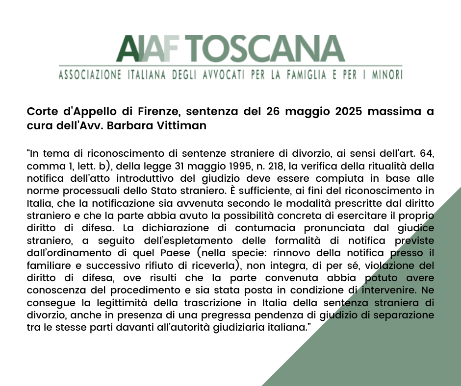 Rassegna giurisprudenziale: Corte d'Appello di Firenze, sentenza del 26 maggio 2025 massima a cura dell'Avv. Barbara Vittiman